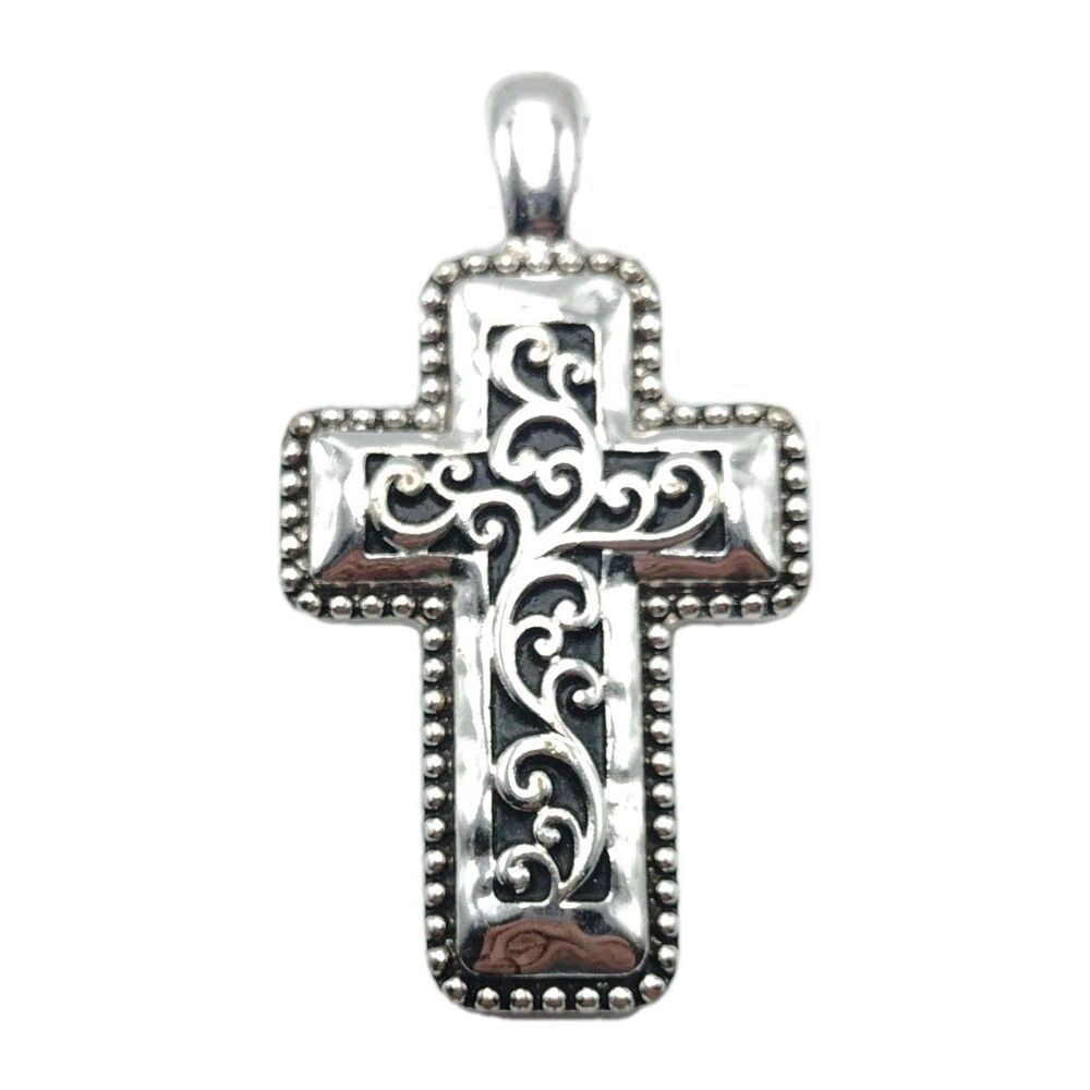Gorgeous Silver Stainless Black Enameled Southwestern Filigree Cross Pendant 21g